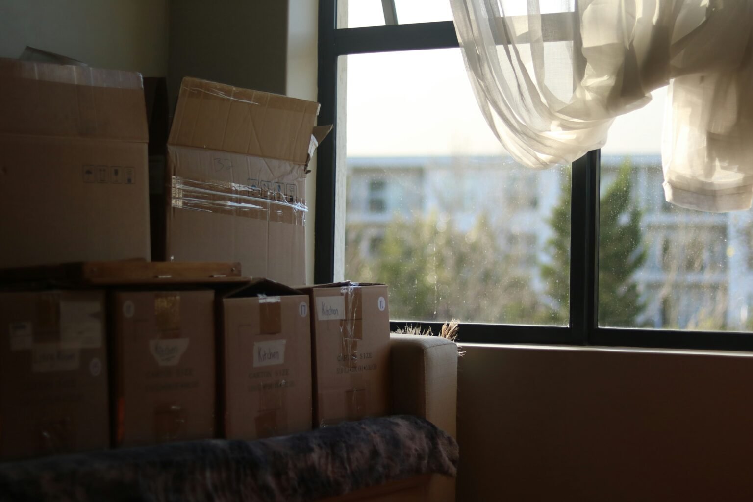 Pièce remplie de cartons de déménagement, devant une fenêtre